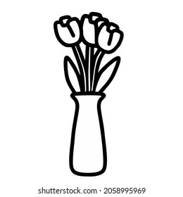 Illustration outline of the tulips pot isolated white background. Vector icon  