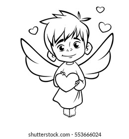 Illustration of outlined baby cupid hugging a heart . Cartoon coloring illustration of Cupid character for St Valentine's Day isolated on white