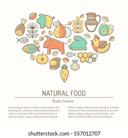 Illustration with outlined natural food signs forming heart. Fresh vegetables, fruits, meat, dairy products, fish, bread. Colorful minimalist background. Linear design for business