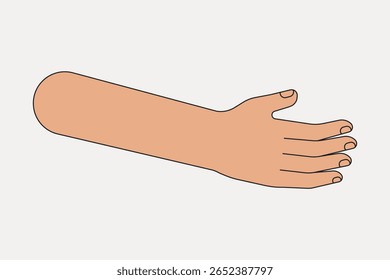 Illustration of an outstretched arm and hand. Simple design, neutral tone. Arm and hand in focus. Minimalist style, emphasizing the arm and hand shape. Hand illustration vector.