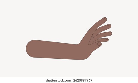 Illustration of an outstretched hand with brown skin. The hand is open, fingers slightly spread. Brown skin tone, hand, and fingers depicted in a simple style. Arm illustration, isolated vector.