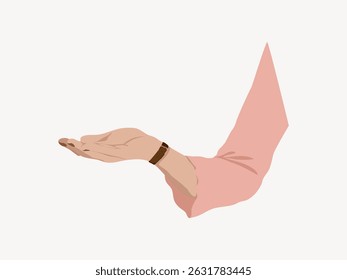 Illustration of an outstretched hand in a pink sleeve. The hand is open, palm up, and wearing a watch. Minimalist style with a neutral background. Aesthetic vector illustration.