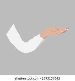 Illustration of an outstretched hand in a white sleeve on a gray background. The hand is palm up, suggesting a gesture of offering or receiving. Isolated vector illustration.