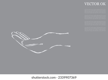 Illustration of outstretched open hand. Outline of a hand on a gray background.