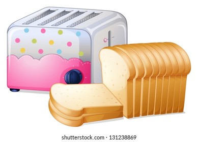 Illustration of an oven toaster and slices of breads on a white background