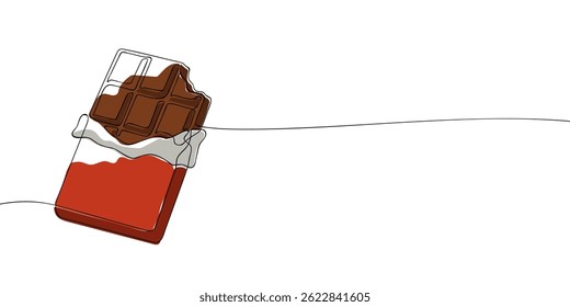 Illustration of an over-bitten candy bar with a continuous line. A chocolate bar in a red wrapper. Vector illustration.