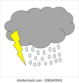 illustration of overcast clouds with rain and flash of lightning