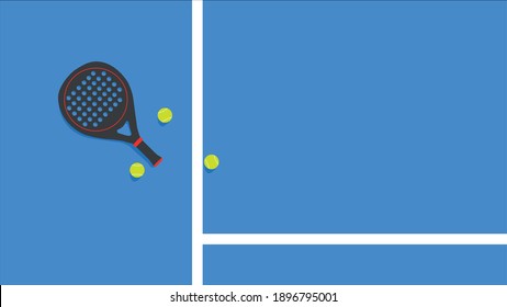 Illustration with overhead view of racket and paddle balls on blue ground court, with copy space.