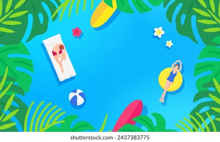 Illustration from an overhead view. Summer items floating on the sea. Illustration of a man and woman enjoying the tropics.