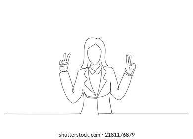 Illustration of overjoyed lady good mood hands hug herself shoulders. One continuous line art style
