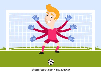 Illustration of over-sized blond caucasian cartoon goalkeeper with flailing arms waiting for penalty kick