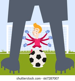 Illustration of over-sized brave blond caucasian cartoon goalkeeper with flailing arms waiting for footballer (shown as silhouette ) to take penalty kick