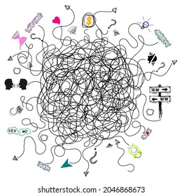 Illustration of overthinking with image symbols that explain what is being felt such as symbols of love, money, time, other people's talk, confusion, future, insecure, and others.