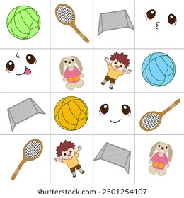 Ilustración de la visión general del niño, pelota, tenis, raqueta de tenis, conejo, sensación de la cara.