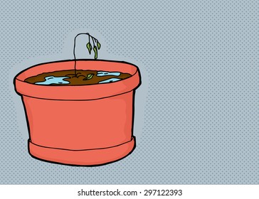 Illustration of over-watered houseplant with wilted seedling