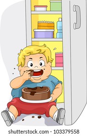 Illustration of an Overweight Boy Eating Cake