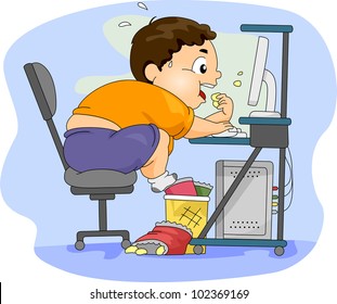 Illustration Of An Overweight Boy Eating In Front Of His Computer