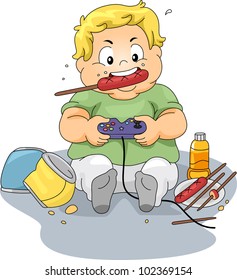 Illustration of an Overweight Boy Playing Video Games