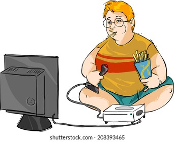 Illustration of an Overweight Boy Playing Video Games