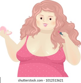 Illustration of an Overweight Girl Holding Pressed Powder and Lipstick