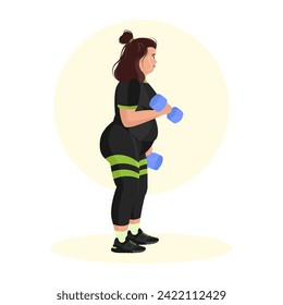 Illustration of an overweight girl working out in the gym. Fitness girl. Overweight. Losing weight. Sport exercises.