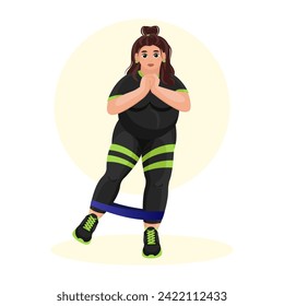Illustration of an overweight girl working out in the gym. Fitness girl. Overweight. Losing weight. Sport exercises.