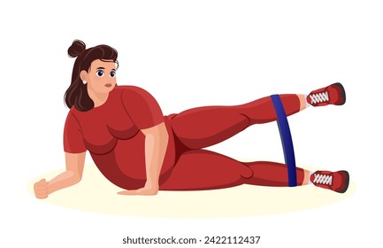 Illustration of an overweight girl working out in the gym. Fitness girl. Overweight. Losing weight. Sport exercises.