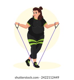 Illustration of an overweight girl working out in the gym. Fitness girl. Overweight. Losing weight. Sport exercises.
