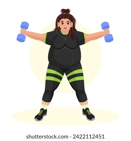 Illustration of an overweight girl working out in the gym. Fitness girl. Overweight. Losing weight. Sport exercises.
