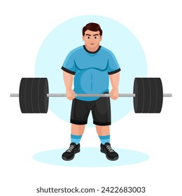 Illustration of an overweight guy working out in the gym. Fitness guy. Excess weight. Losing weight. Sport exercises.