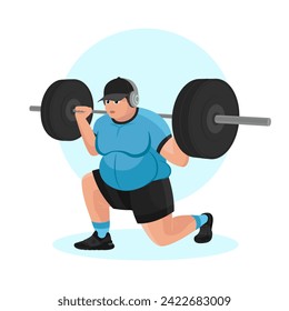 Illustration of an overweight guy working out in the gym. Fitness guy. Excess weight. Losing weight. Sport exercises.
