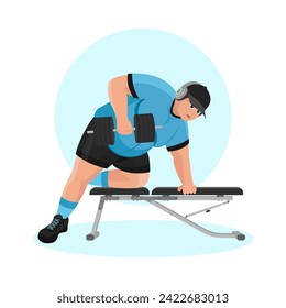 Ilustración de un tipo con sobrepeso trabajando en el gimnasio. Un tipo de fitness. Exceso de peso. Perdiendo peso. Ejercicios deportivos.