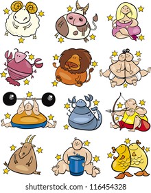 Illustration of overweight humorous cartoon zodiac horoscope signs set