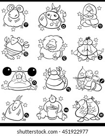 Illustration of Overweight Humorous Cartoon Zodiac Horoscope Signs Set