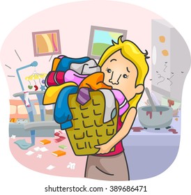 Illustration of an Overworked Girl Swamped with House Chores