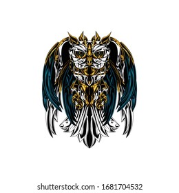 illustration of owl animals with robotic themes and with gold and blue colors