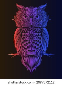 illustration owl bird mandala style with neon color