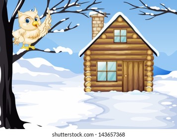 Illustration of an owl at the branch of a tree near the wooden house