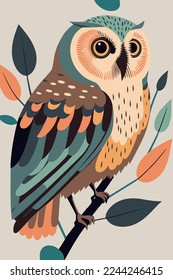 illustration owl cartoon flat color vector poster. abstract owl wall art print background for invitation card banner and design template