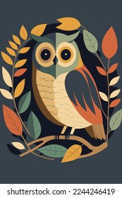 illustration owl cartoon flat color vector poster. abstract owl wall art print background for invitation card banner and design template