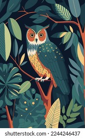 illustration owl cartoon flat color vector poster. abstract owl wall art print background for invitation card banner and design template