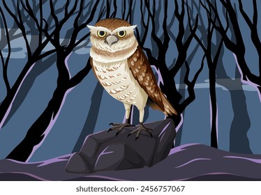 Illustration of an owl in a dark, eerie woods