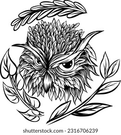 an illustration of an owl face stylized as a plant and a series of plants