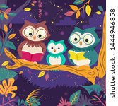 Illustration of Owl Family Mascot Reading Books on Tree at Night