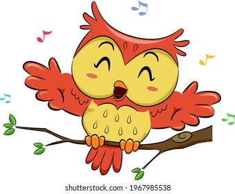Illustration of an Owl Flapping Its Wings on a Branch and Dancing to Music
