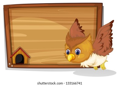 Illustration of an owl flying near the wooden board on a white background