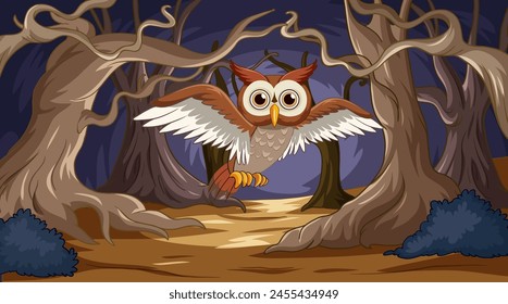 Illustration of an owl flying in a spooky forest.