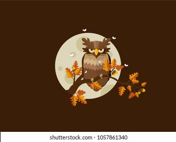 Illustration of an owl in the forest at night. Moonlight.