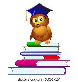 illustration owl in hat sits on pile of the books