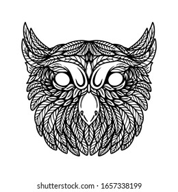 Illustration of owl head in floral style. Design element for poster, card, banner, emblem, t shirt. Vector illustration